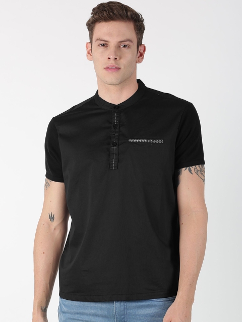 BLACK BUCK Men Black Solid Mandarin Collar T-shirt
