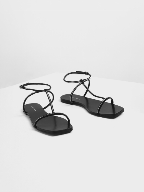 CHARLES & KEITH Women Black Embellished PU T-Strap Flats