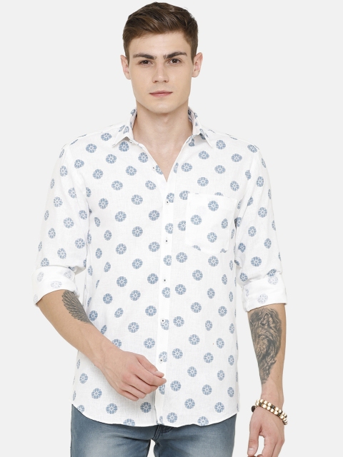 CAVALLO by Linen Club Men Cotton Linen White & Blue Regular Fit Printed Casual Shirt