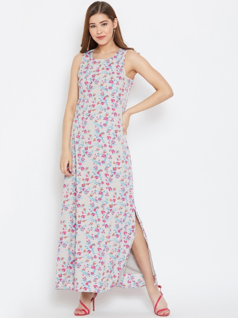 PURYS Women Grey & Pink Printed Maxi Dress