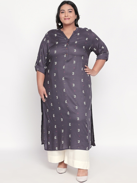 RANGMANCH PLUS by Pantaloons Women Grey Floral Printed Straight Kurta