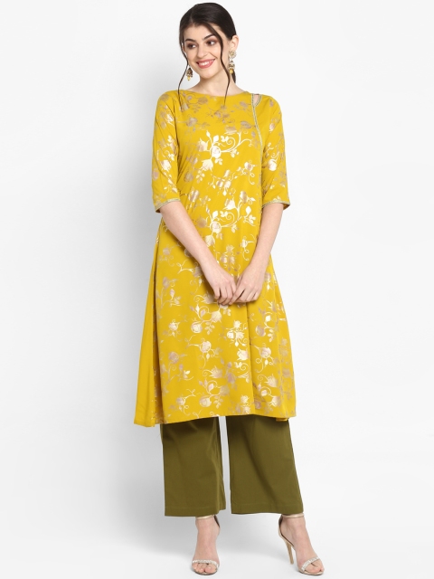 Janasya Women Mustard Yellow & Gold Floral Print A-Line Kurta