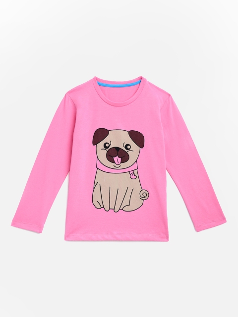 KIDSCRAFT Girls Pink Pug Printed Round Neck T-shirt