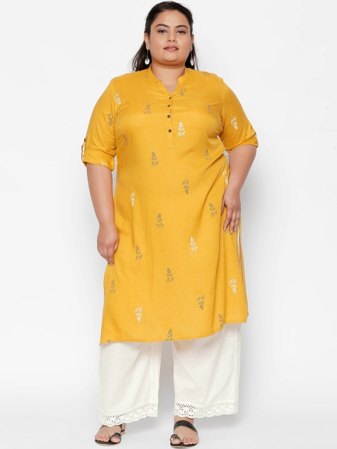 RANGMANCH PLUS by Pantaloons Women Mustard Yellow & Gold-Toned Printed Straight Kurta
RANGMANCH PLUS by Pantaloons Women Mustard Yellow & Gold-Toned Printed Straight Kurta