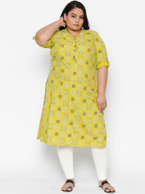 RANGMANCH PLUS by Pantaloons Women Lime Green & White Printed Straight Kurta
