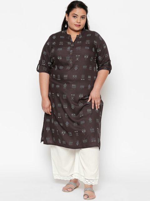 RANGMANCH PLUS by Pantaloons Women Charcoal Grey & Taupe Printed A-Line Kurta