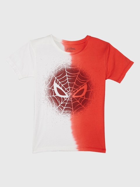 Kids Ville Boys Orange & White Spiderman Print Round Neck T-shirt