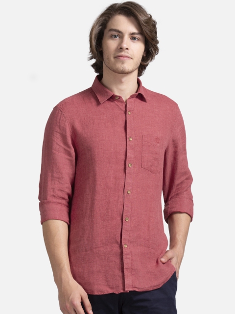 True Blue Men Coral Red Slim Fit Solid Casual Linen Shirt