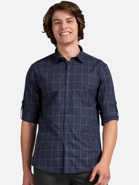 True Blue Men Navy Blue Slim Fit Checked Casual Shirt