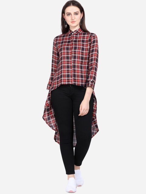 Yuvraah Women's Red & Black Checked High-Low Tunic