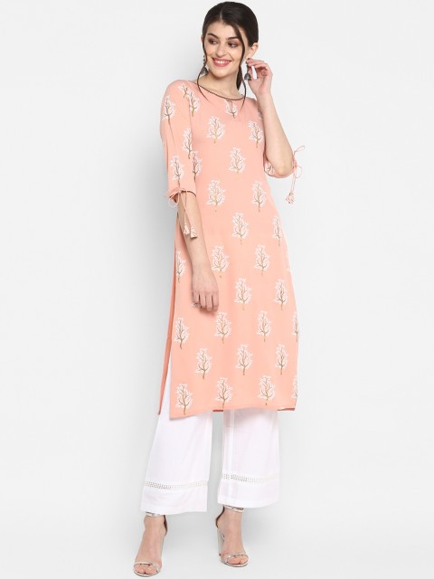 Janasya Women Peach-Coloured & White Printed Straight Kurta with Sequinned & Tie-Up Detail
Janasya Women Peach-Coloured & White Printed Straight Kurta with Sequinned & Tie-Up Detail