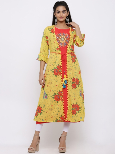 Juniper Women Mustard Yellow & Coral Floral Print A-Line Kurta