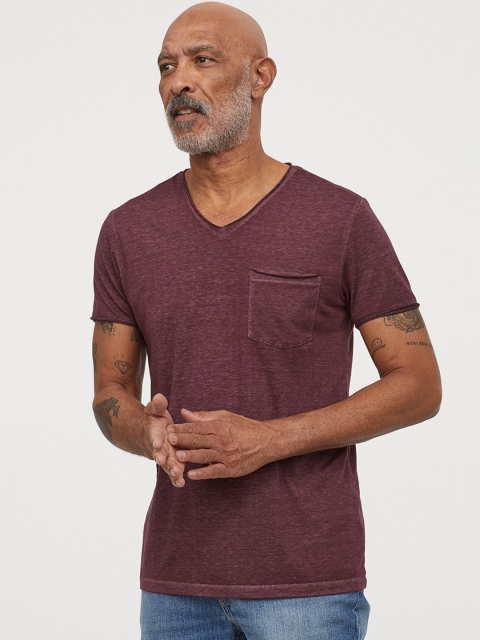 H&M Men Burgundy Solid Raw-Edge T-shirt