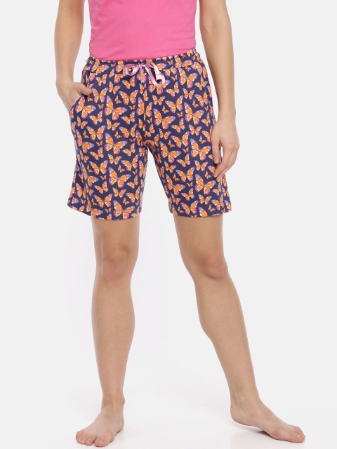 Macrowoman W-Series Women Navy Blue & Yellow Printed Lounge Shorts