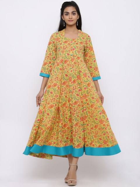 Juniper Women Mustard Yellow & Turquoise Blue Floral Printed A-Line Dress