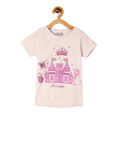 Cherokee Girls Beige & Pink Glitter Print Round Neck T-shirt