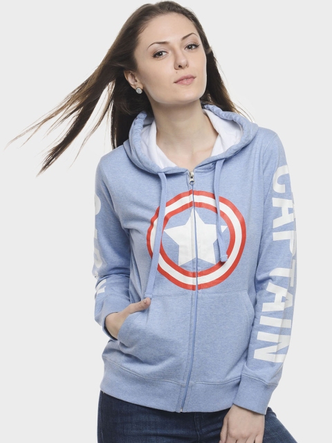 Free Authority Women Blue & Red Captain America Printed Hooded Sweatshirt