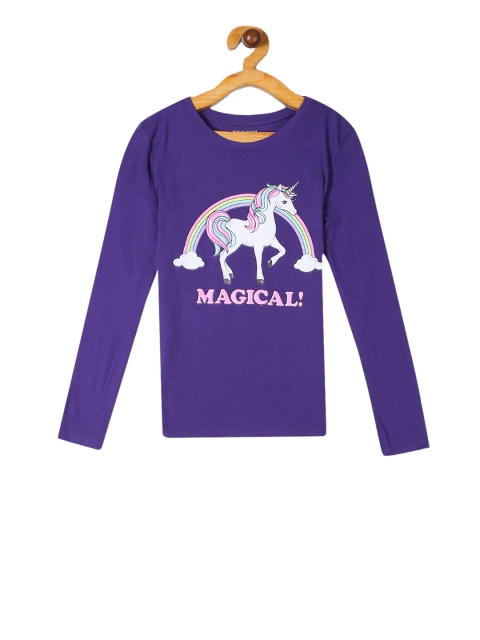 The Childrens Place Girls Purple & Pink Unicorn Printed Round Neck T-shirt