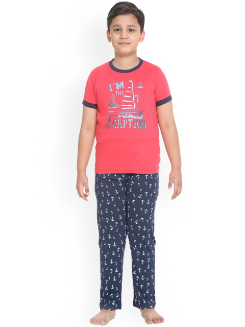 Kanvin Boys Pink & Navy Blue Printed Night suit