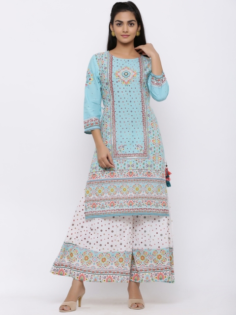 Juniper Women Blue & White Cambric Printed Straight Kurta
