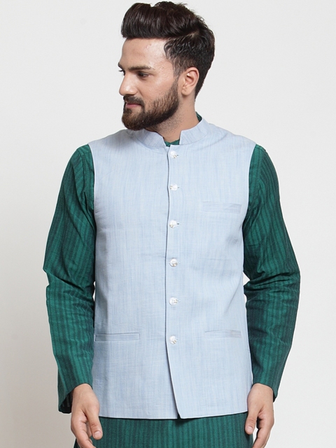 NEUDIS Men Blue Solid Hand Woven Nehru Jacket