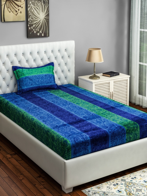SWAYAM Blue & Green Floral 250 TC Cotton 1 Single Bedsheet with 1 Pillow Covers