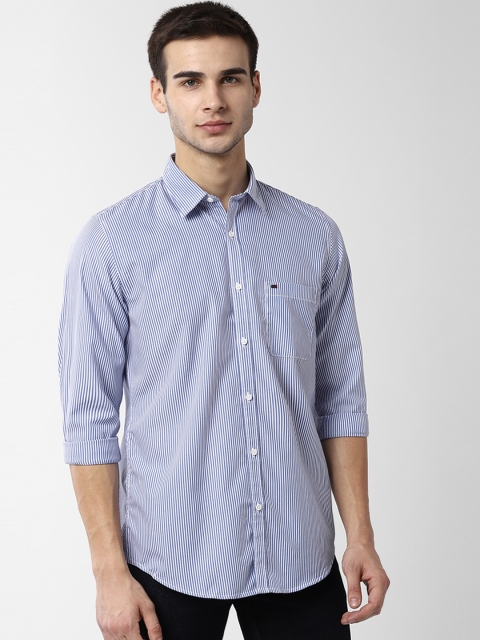 Peter England Casuals Men Blue & White Slim Fit Striped Viroblock Casual Shirt