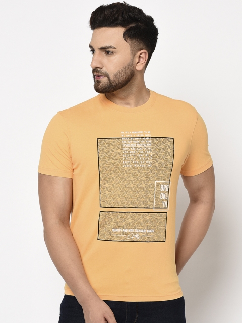 98 Degree North Men Mustard Yellow Printed Round Neck T-shirt