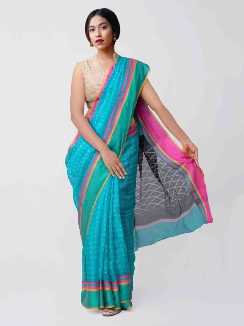 Unnati Silks Blue & Pink Silk Blend Printed Ikat Handloom Sustainable Saree