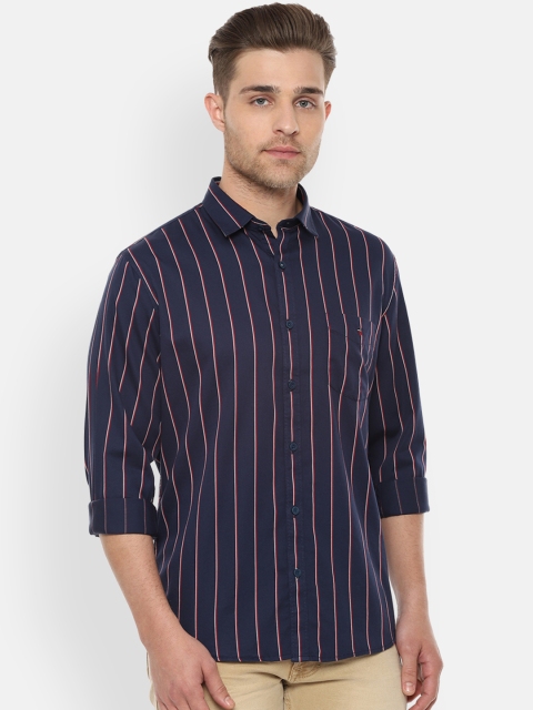 Louis Philippe Sport Men Navy Blue & Red Slim Fit Striped Casual Shirt