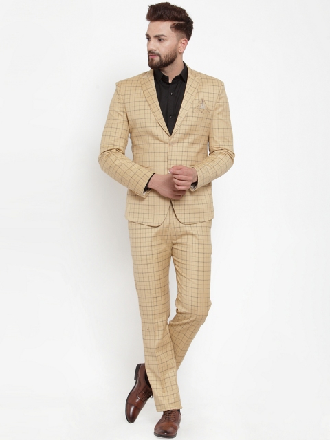 KLOTTHE Men Beige & Grey Checked Slim-Fit Single-Breasted Party Suit