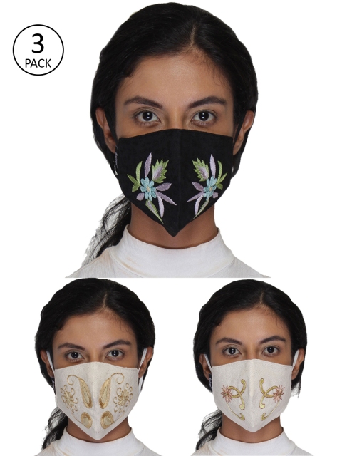 Anekaant Women 3 Pcs Reusable 3-Ply Cotton Embroidered Cloth Fashion Masks, Multi