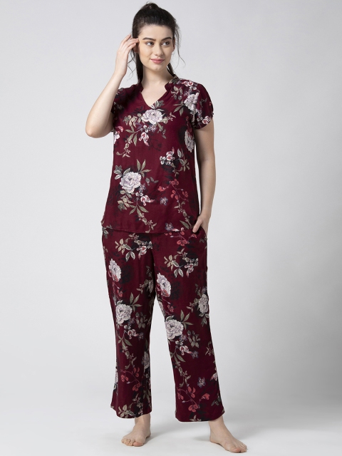 ADORENITE Women Maroon & Off-White Printed Night Suit