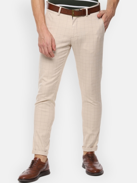 Louis Philippe Sport Men Beige Slim Fit Checked Regular Trousers