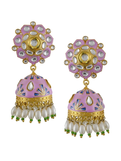 Silvermerc Designs Gold-Plated Enameled Dome Shaped Jhumkas with Pearls, Pink
