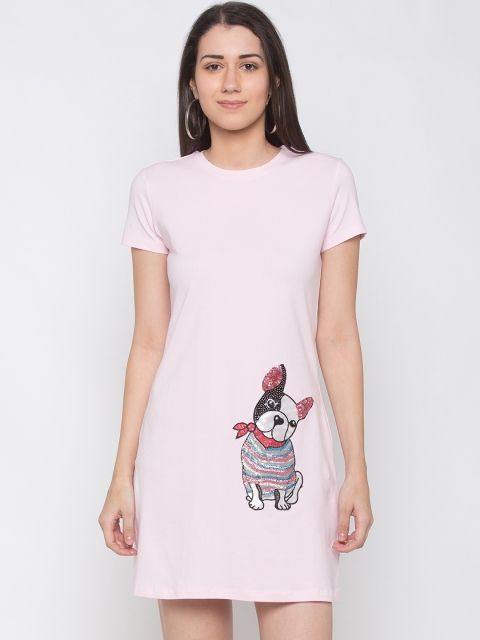 Globus Women Pink & Black Embellished T-shirt Dress
