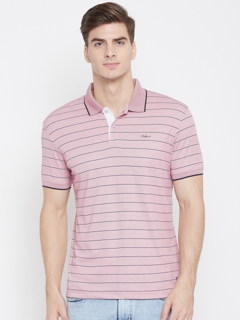 Octave Men Baby Pink & Black Striped Polo Collar T-shirt
