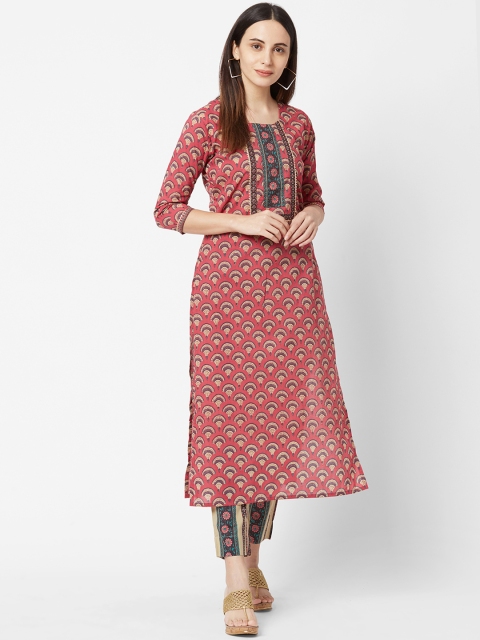 FASHOR Women Pink & Beige Printed Kurta with Trousers