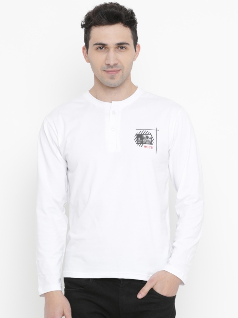 WITH Men White & Grey Printed Slim Fit Henley Neck T-shirt