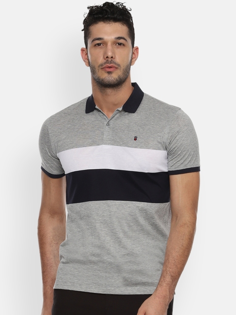 Louis Philippe Sport Men Grey & White Striped Slim Fit Polo Collar T-shirt