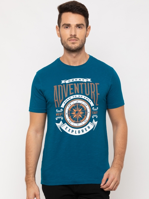 Globus Men Blue & White Printed Round Neck T-shirt