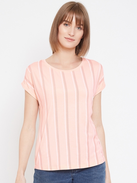 METTLE Women Peach-Coloured Striped Round Neck T-shirt
