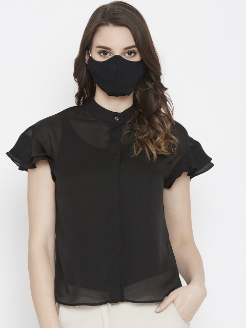 Imfashini Women Black Solid Shirt Style Top & 2-Ply Cloth Mask