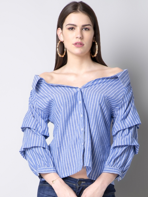 FabAlley Women Blue & White Striped Shirt Style Top