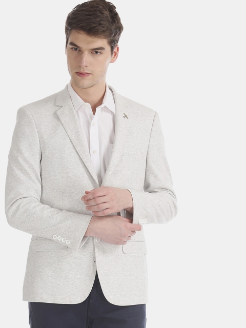 AD By Arvind Men Grey Self-Design Slim-Fit Single-Breasted Heathered Blazer