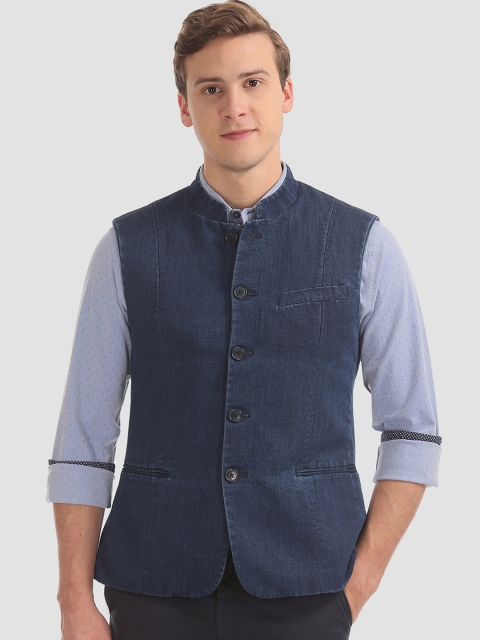 AD By Arvind Men Blue Solid Regular Fit Denim Pure Cotton Nehru Jacket