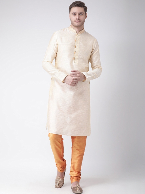 Chitwan Mohan Men Cream-Coloured & Orange Self Design Kurta with Churidar