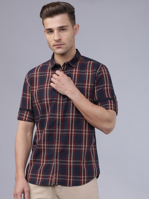Horsefly Men Navy Blue & Red Slim Fit Checked Casual Shirt