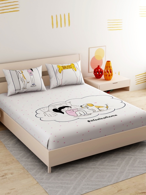 EverHOME White Graphic 210 TC Cotton 1 King Bedsheet with 2 Pillow Covers