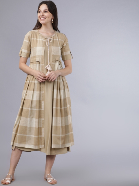 Vishudh Women Beige & Cream-Coloured Checked A-Line Dress